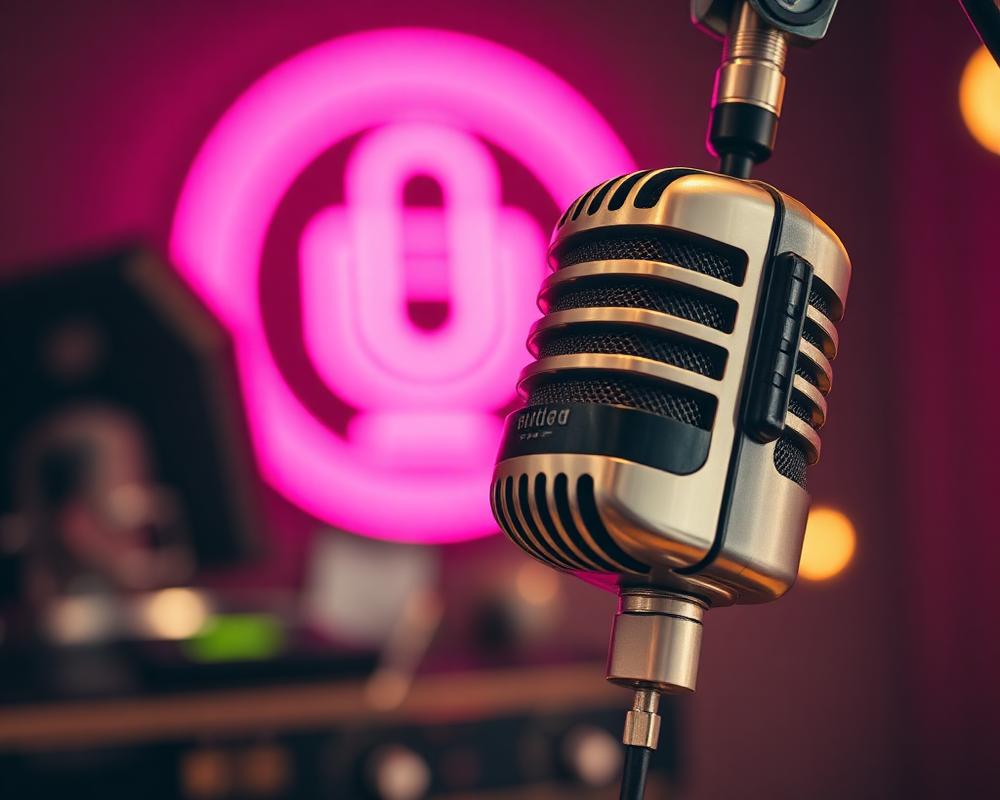 Solrac Studios microphone with neon logo