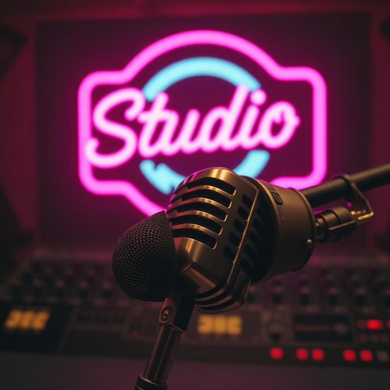 Studio microphone with neon logo